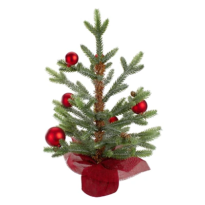 18" Unlit Pine & Red Ornaments Artificial Christmas Tree in Red Burlap Base