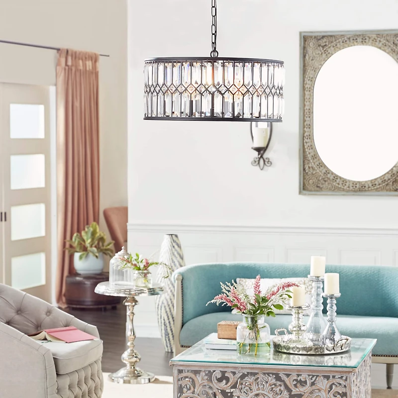 Black Iron Glam Drum Chandelier, 13" x 24" x 24"