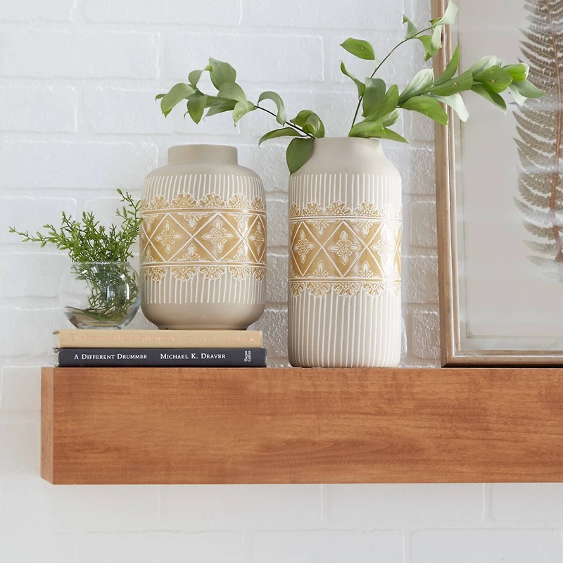 Set of 2 Beige Ceramic Boho Style Vase 9", 11"