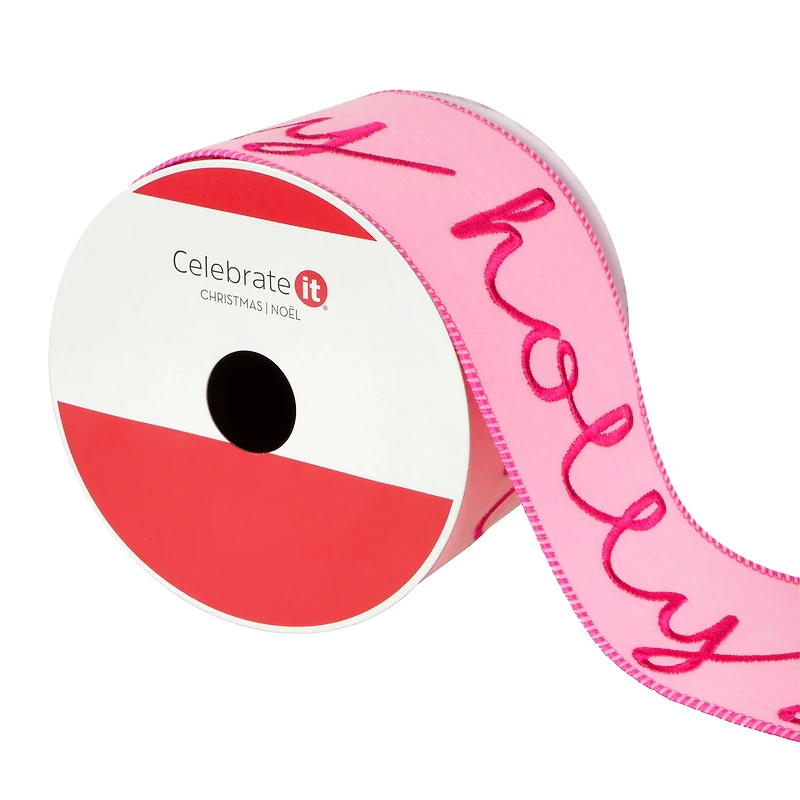 3.5" x 15ft. Pink Holly Jolly Wired Flocked Ribbon by Celebrate It®