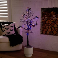 4ft. Pre-Lit Artificial Halloween Black Spooky Twig Tree with Bats and 120 Orange & Purple LED Lights