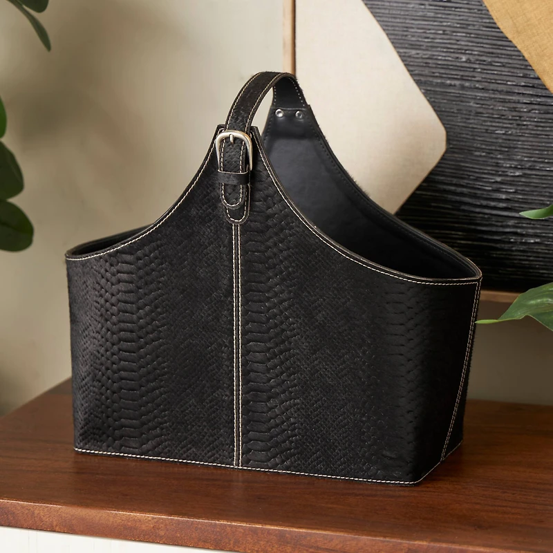 17" Black Leather Handmade Box Style Decorative Magazine Holder with Detail Stitching & Curved Buckle Handles