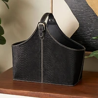 17" Black Leather Handmade Box Style Decorative Magazine Holder with Detail Stitching & Curved Buckle Handles