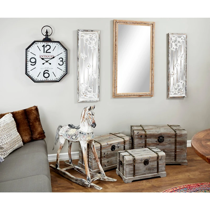 48" Light Brown Boho Style Wood Wall Mirror