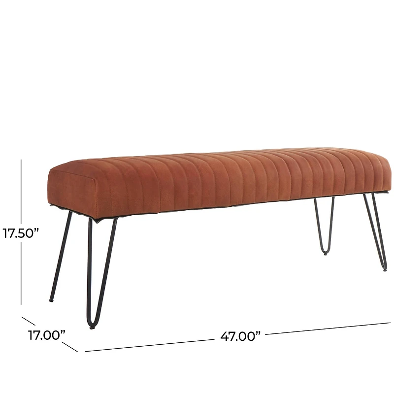4ft. Brown Leather Upholstered Bench with Hairpin Legs