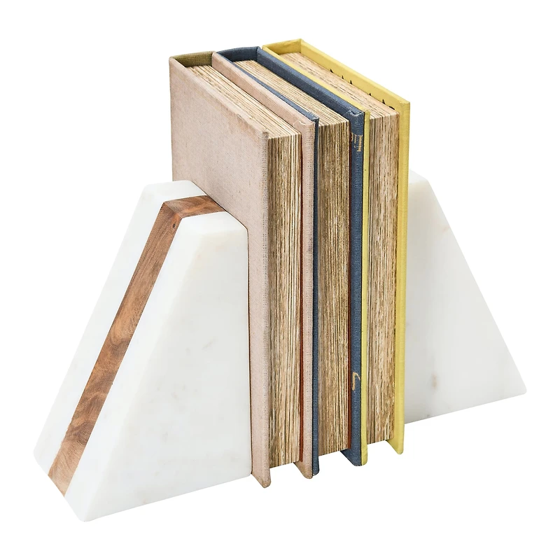 Hello Honey® 6" White Marble Geometric Bookends with Wood Inlay