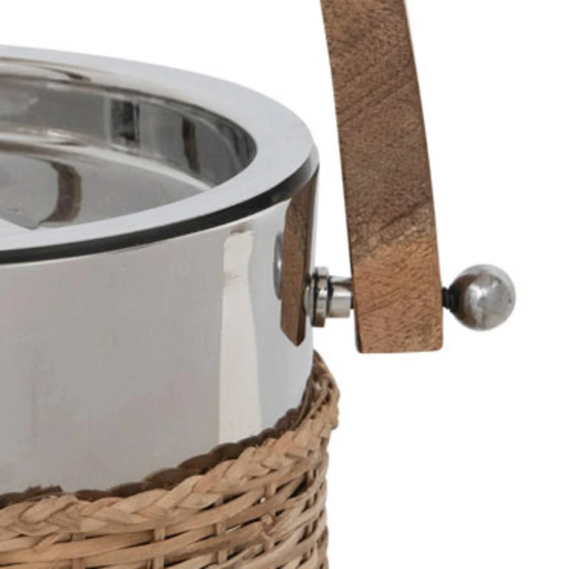 Hello Honey® 9.5" Stainless Steel & Woven Rattan Ice Bucket with Mango Wood Handle