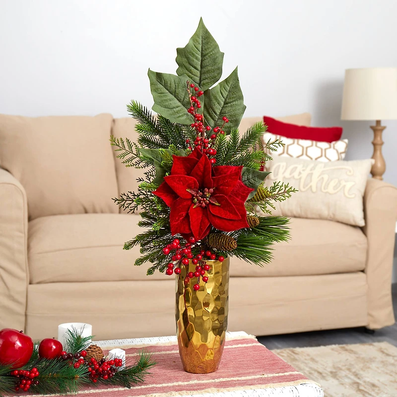 32" Poinsettia, Berries, Pine & Pinecone Arrangement in Gold Vase