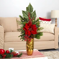 32" Poinsettia, Berries, Pine & Pinecone Arrangement in Gold Vase