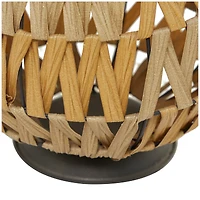 19" Light Brown Plastic Rattan Handmade Candle Lantern with Wrapped Zig Zag Design