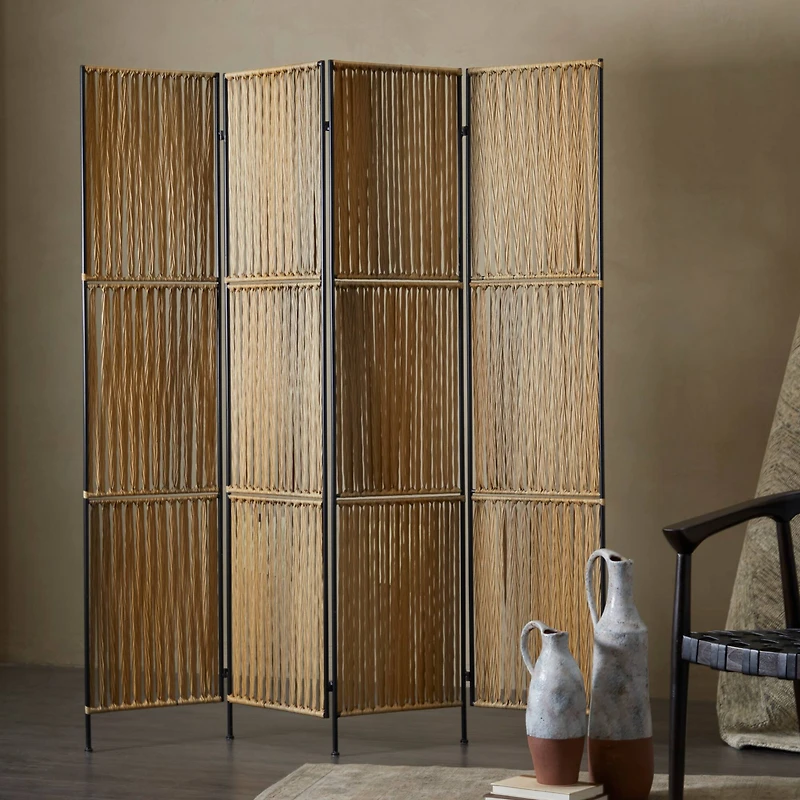 The Novogratz Light Brown Rattan Handmade Hinged Foldable Partition 4 Panel Room Divider Screen with Wrapped Seagrass Design 63" x 1" x 71"