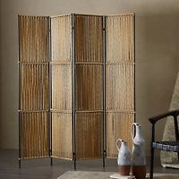 The Novogratz Light Brown Rattan Handmade Hinged Foldable Partition 4 Panel Room Divider Screen with Wrapped Seagrass Design 63" x 1" x 71"