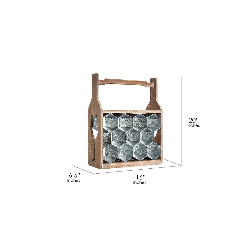 20" Rustic Wood & Metal Wine Rack with Handle
