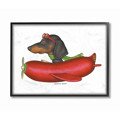 Stupell Industries Dachshund Flying in Hot Dog Plane Wall Art in Black Frame