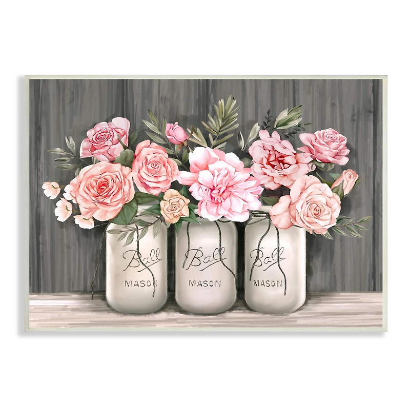 Stupell Industries Blossoming Pink Rose Bouquets Rustic Country Jars Wall Plaque