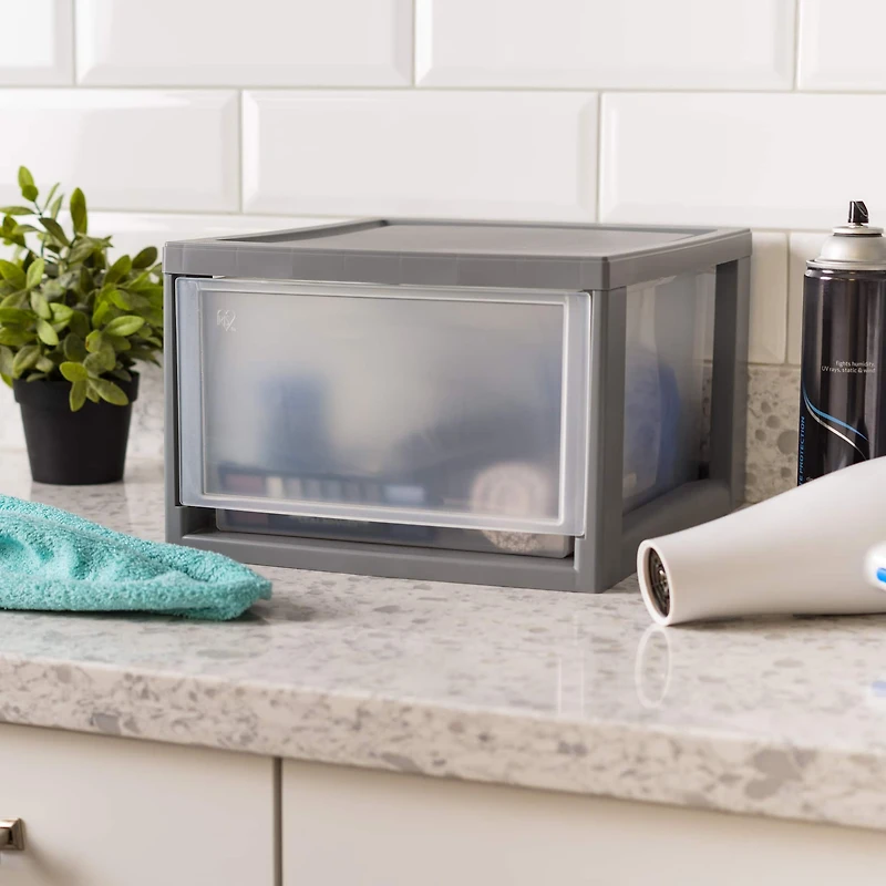 IRIS® Medium Gray Stackable Storage Bin with Clear Drawer