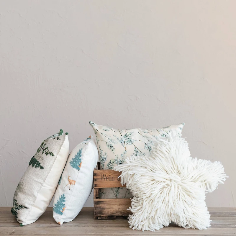 Hello Honey® 16" x 16" Square Natural, Green & Brown Fabric Blend Pillow with Embroidered Deer & Trees