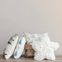 Hello Honey® 16" x 16" Square Natural, Green & Brown Fabric Blend Pillow with Embroidered Deer & Trees