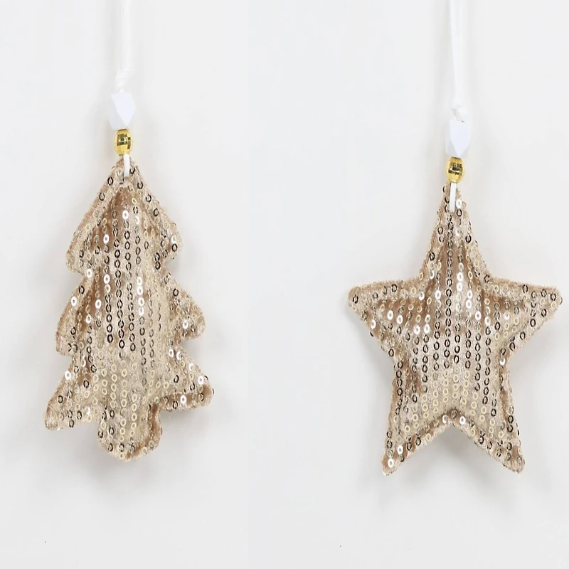 Sequin Stars and Trees Plush Christmas Ornaments - 4" - Gold - Set of 4