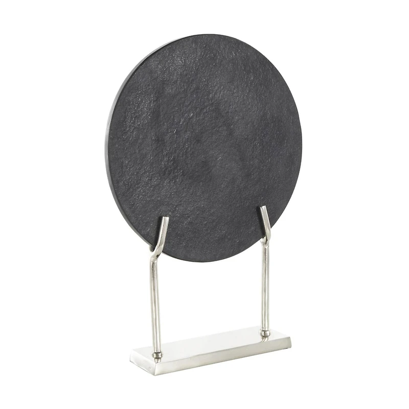 20" Black Textured Marble Disk Sculpture with Silver Metal Stand