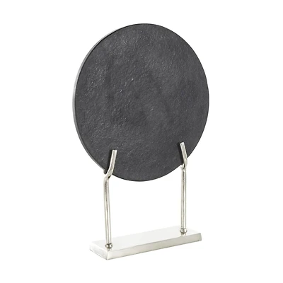 20" Black Textured Marble Disk Sculpture with Silver Metal Stand