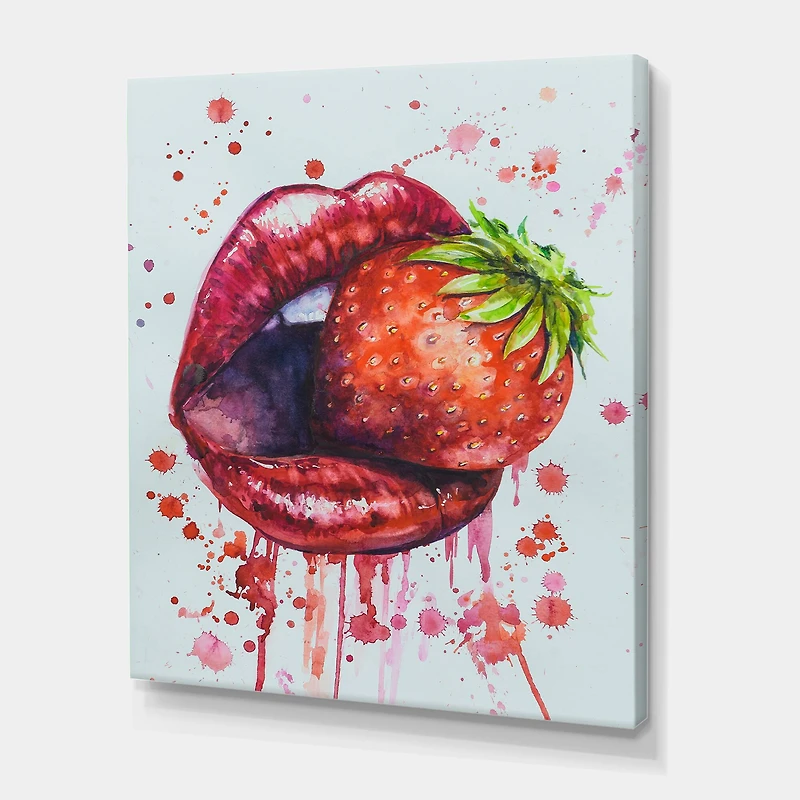 Designart - Red Woman Lips Eating A Strawberry