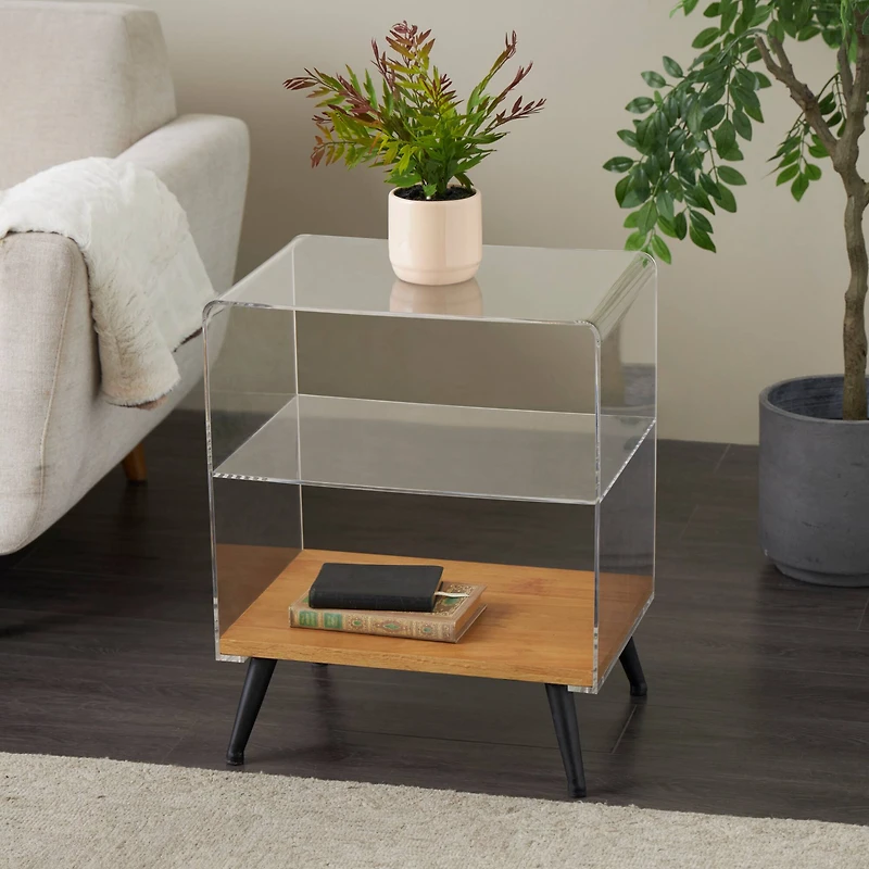 23" Clear Acrylic 1-Shelf Accent Table with Wood Base & Black Legs