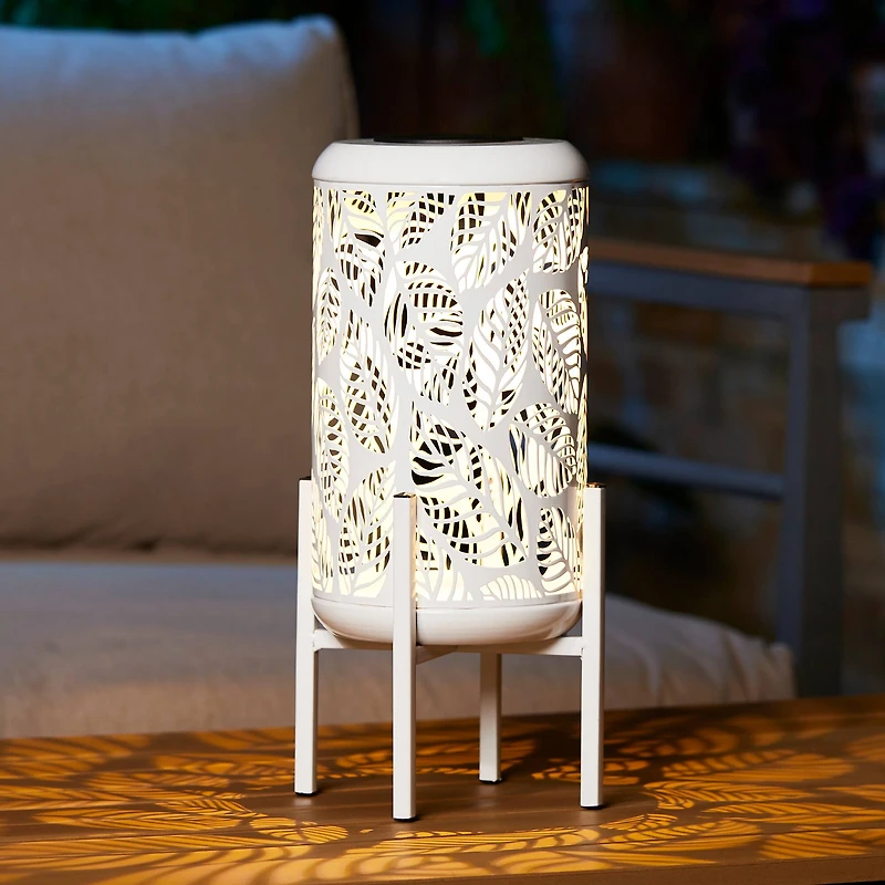 Glitzhome® 14.25" White Metal Cutout Leaves Pattern Solar Powered LED Outdoor Lantern