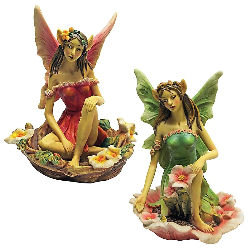 Design Toscano 9" The Red & Green Fairy of Acorn Hollow Statues Set
