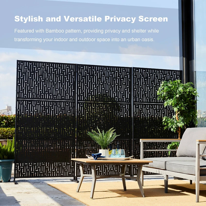 Glitzhome® 6ft. Black Galvanized Steel Bamboo Pattern Privacy Screen Fence Panel & Room Divider