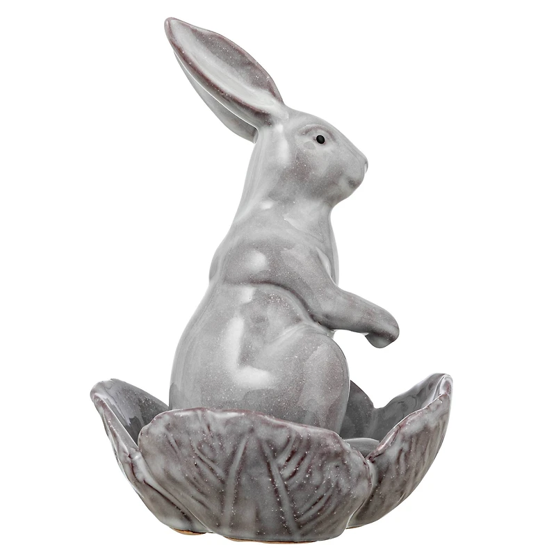 Hello Honey® 8" White Stoneware Rabbit Figurine with Flower Shaped Bowl