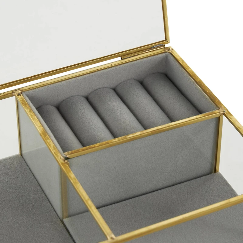 9" x 6" x 3" Clear & Gold Glass & Metal Jewelry Box with Chain Accent & Fabric Ring Slots