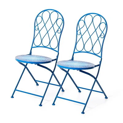 Glitzhome® 36.5" Blue Outdoor Metal Folding Bistro Chairs with Ceramic Tiles Seat, 2ct.
