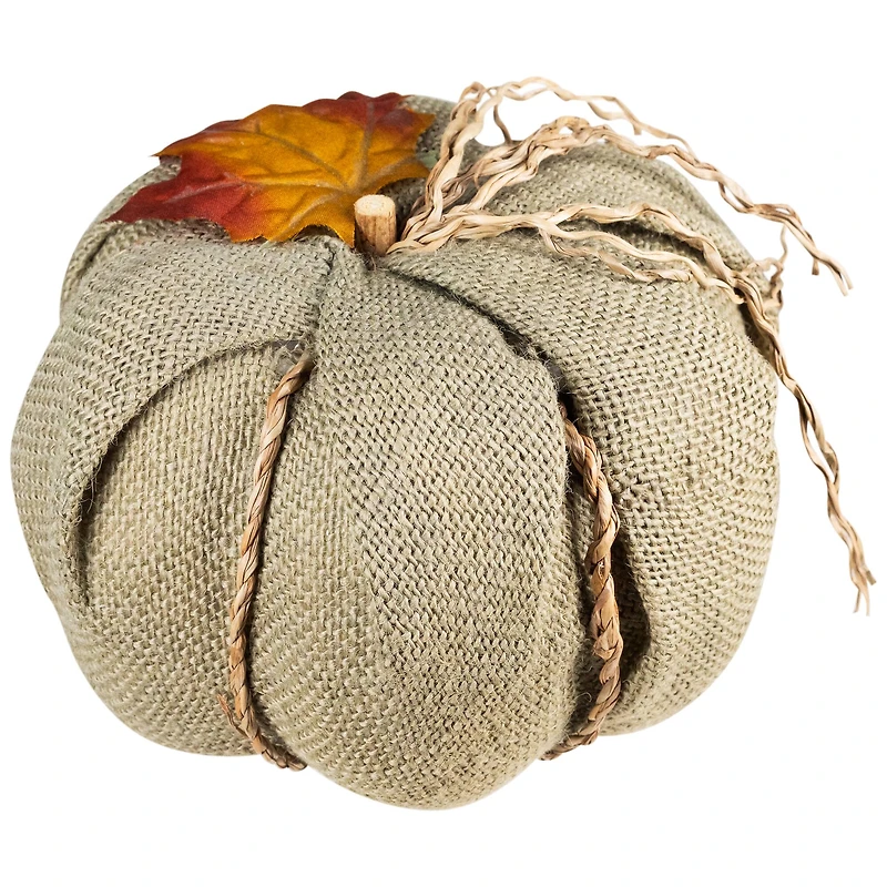 7" Green Burlap Autumn Harvest Tabletop Pumpkin