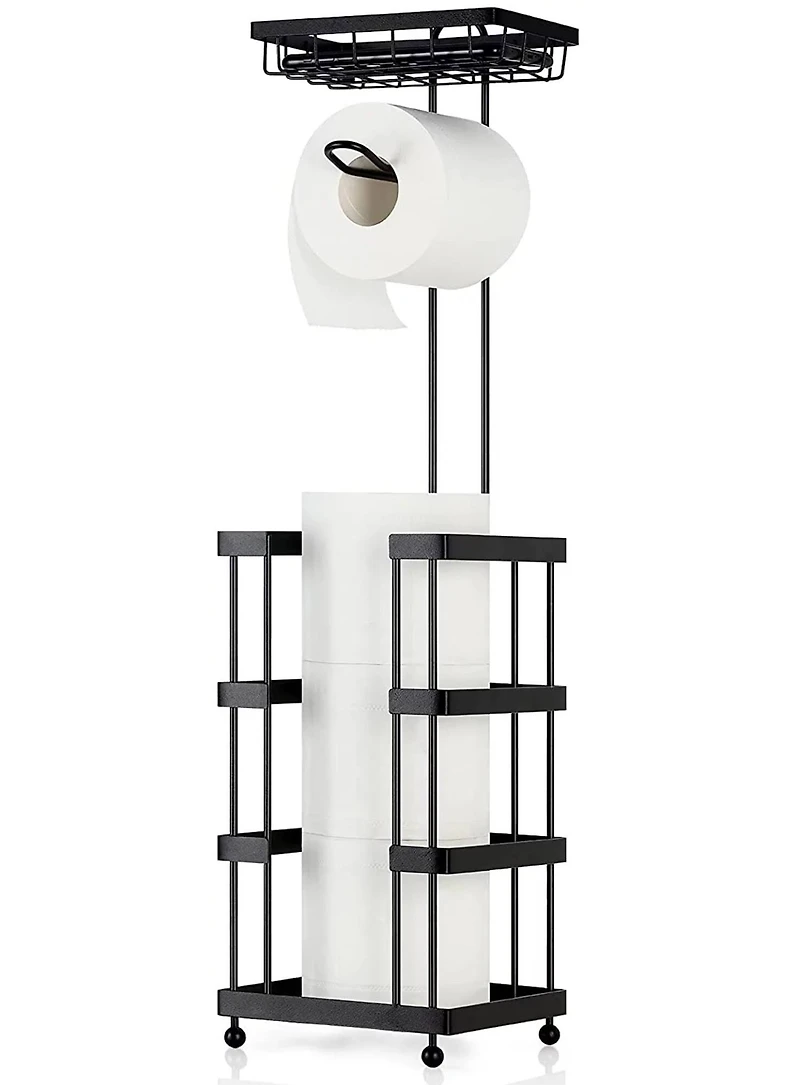 Black Freestanding Toilet Paper Holder with Basket
