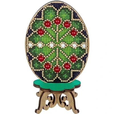 Wonderland Crafts Beaded Green Easter Egg Cross Stitch on Wood Kit