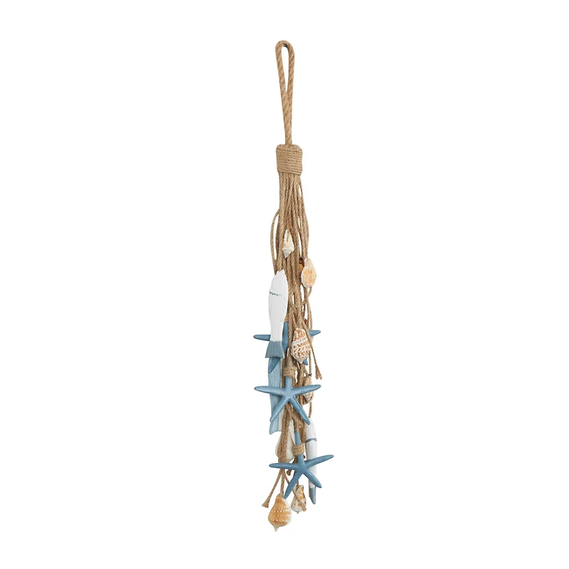 Brown Jute Rope Fish Hanging Wall Décor with Blue Starfish and Shell Accents