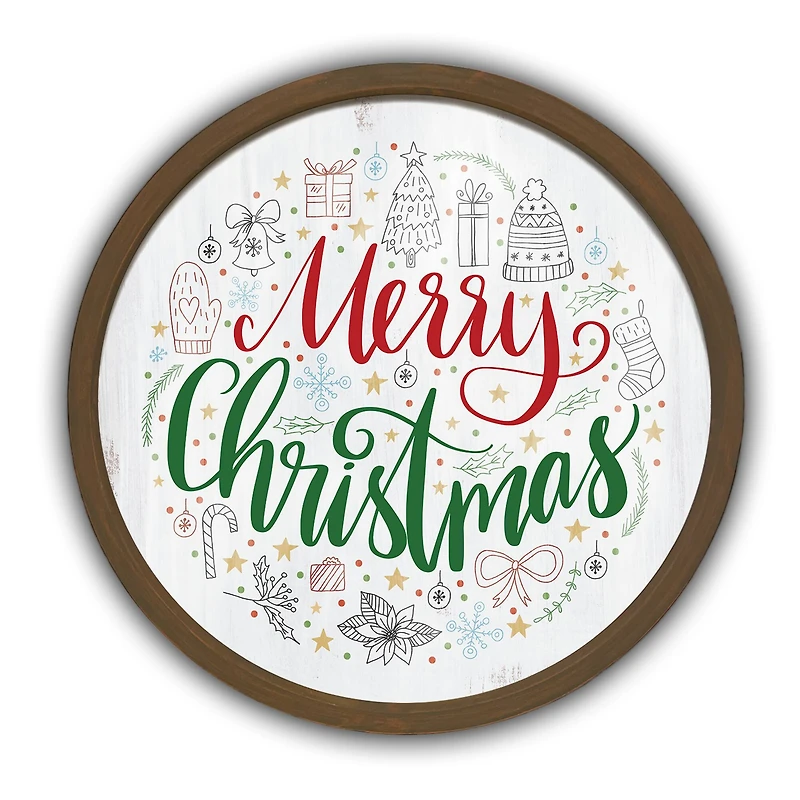 20" Round Merry Christmas Icons Brown Framed Wall Print