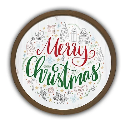 20" Round Merry Christmas Icons Brown Framed Wall Print