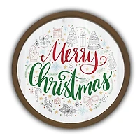 20" Round Merry Christmas Icons Brown Framed Wall Print