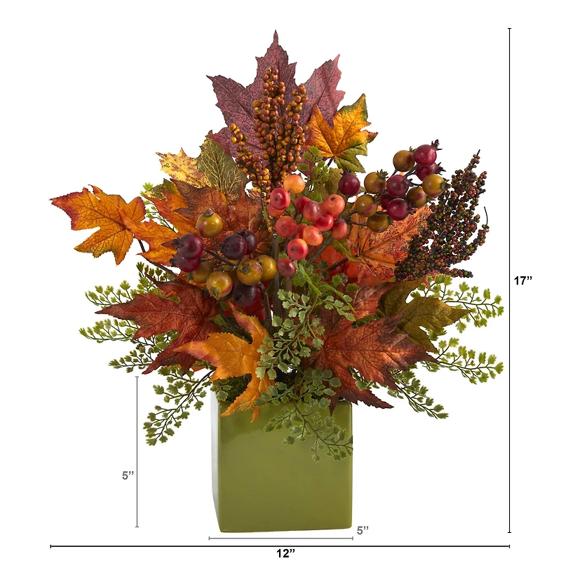 17in. Maple Leaf, Berries, Maiden Hair Arrangement in Green Vase