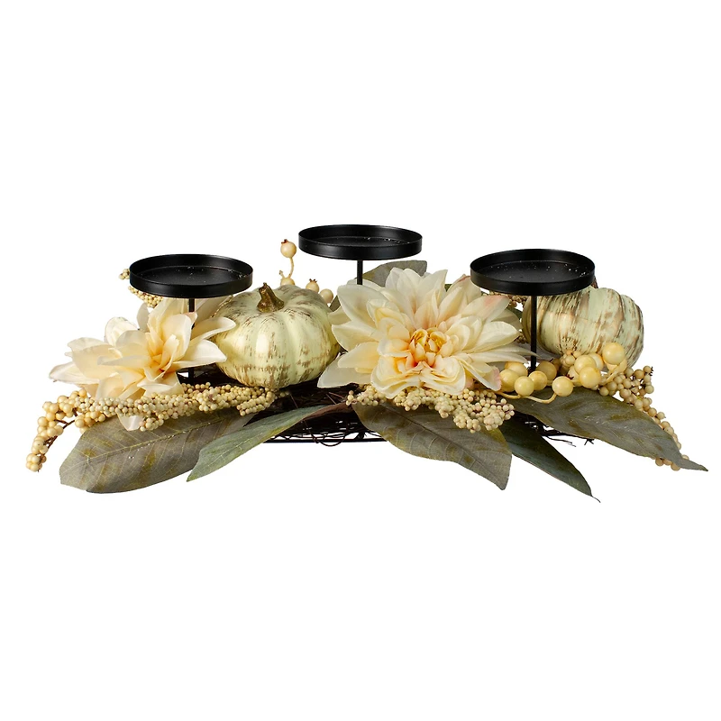 21" White Dahlia & Pumpkin Fall Triple Candle Holder