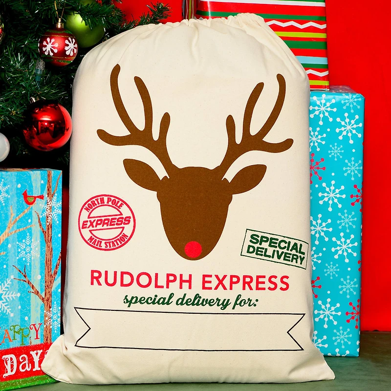19" x 26" Rudolf Express Cotton Christmas Drawstring Bag