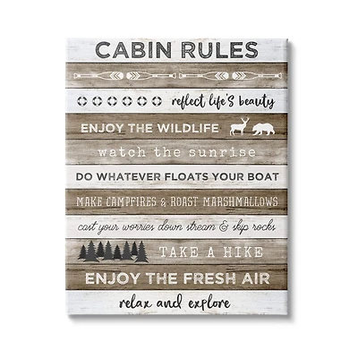 Stupell Industries Cabin Rules Motivational List Rustic Forest Plank Pattern Canvas Wall Art