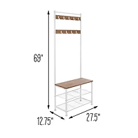 Honey Can Do White & Walnut Entryway Hall Tree with Bench & Shoe Storage