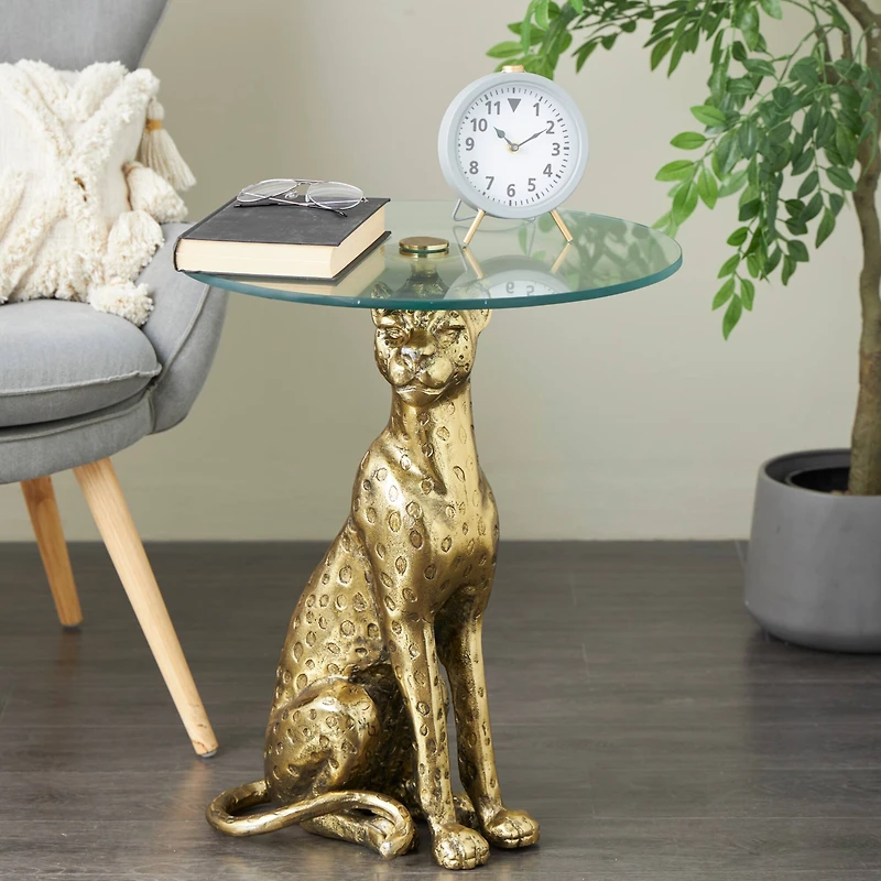 25" Gold Aluminum Leopard Spotted Sitting Accent Table with Glass Tabletop