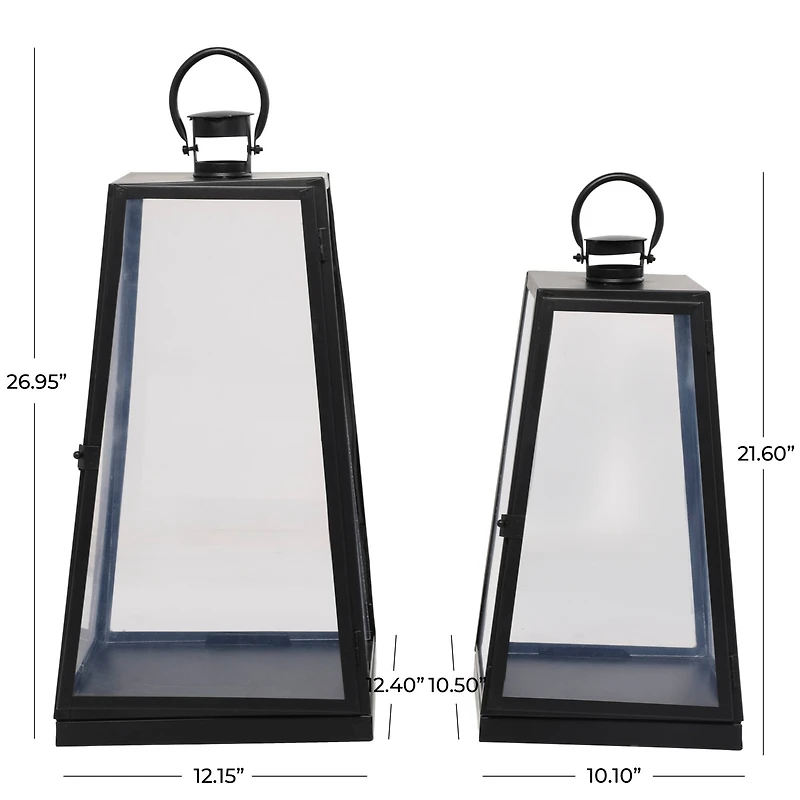 Tall Black Minimalist Metal Candle Lantern Set with Ring Handles