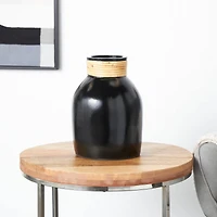 11" Black Ceramic Vase with Wrapped Rattan Detailing