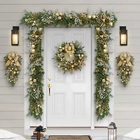 26" Battery-Operated Pre-Lit Decorated Artificial Wreath with Gold Bow