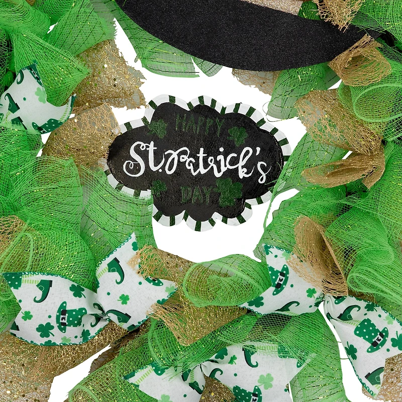 24" Happy St. Patrick's Day Ribbon Wreath with Leprechaun Hat